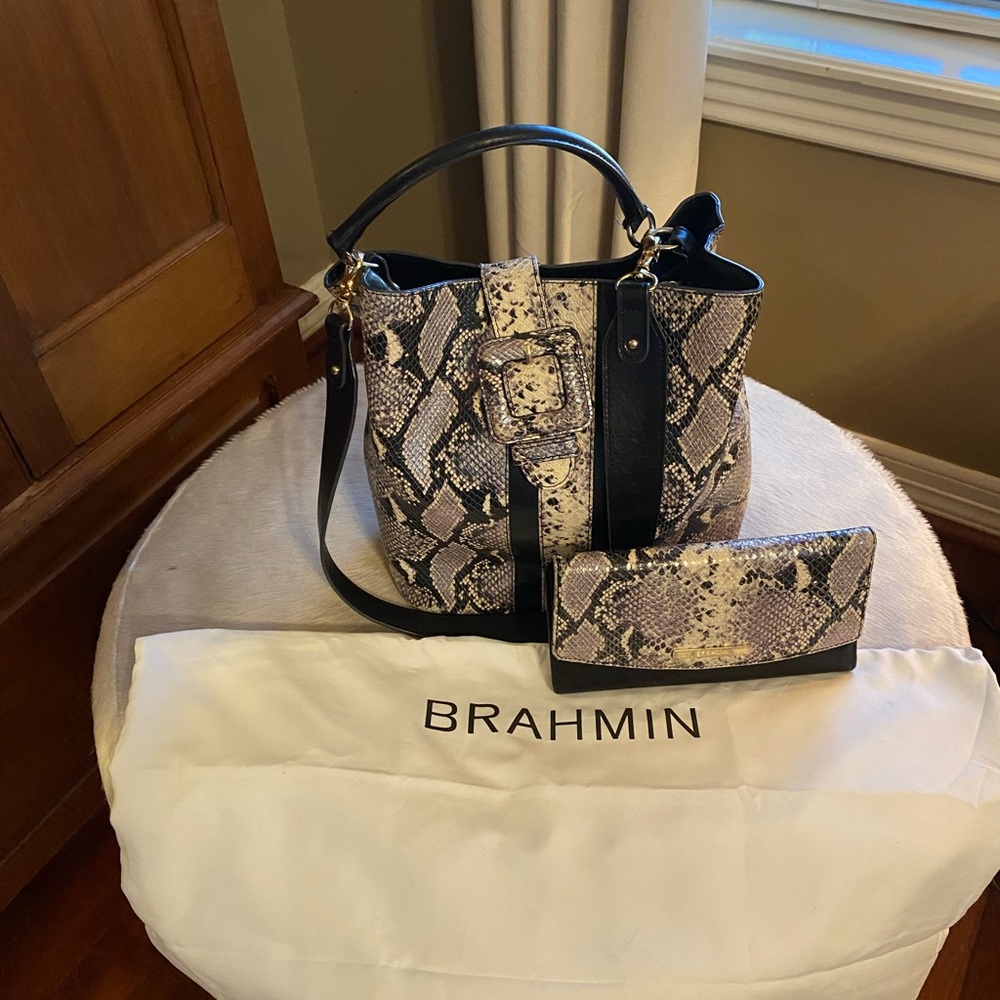 Brahmin Iridescent purple snake Embossed bag and matching wallet